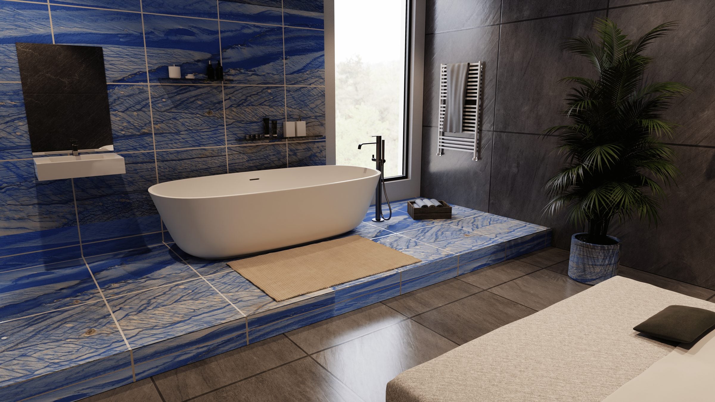 Proyecto de baño revestido en cuarcita azul de Gómez Grau